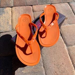 Tory Burch Poppy Coral Logo Studded Jelly Flipflop